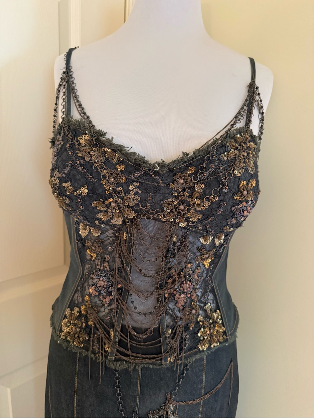 ORNA FARHO DENIM W/BEADING DRESSY 3 PSC SUIT TOP/SKIRT MANDALAY STYLE FR42/8US - Picture 2 of 13